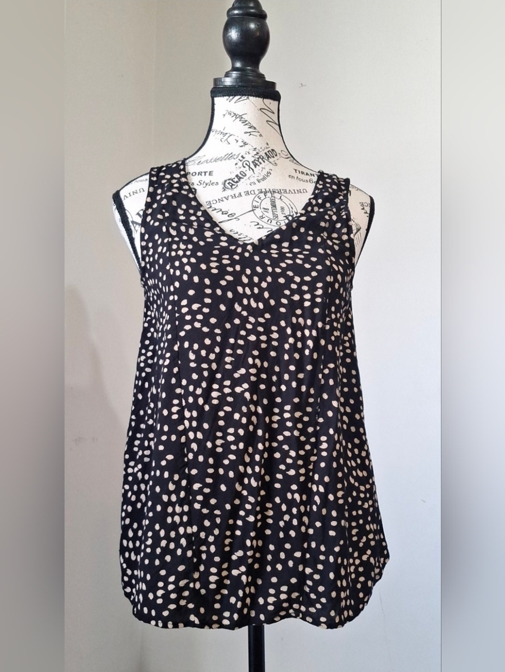 Lucky Brand Black Tank Top with Beige Polka Dots